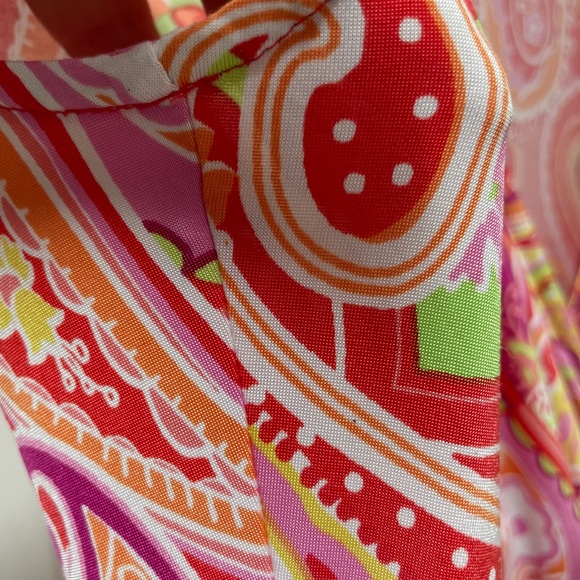 Chaps Sleeveless Faux Wrap, Midi V Neck Dress. Paisley Surplice Orange & Pink 🩷 - Picture 5 of 9